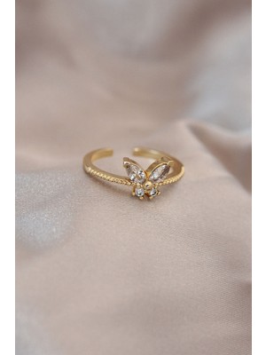 Pileli Store Ayarlamalı Altın Renk Metal Zirkon Taş ve Kristal Taşlı Kelebek Model Yüzük