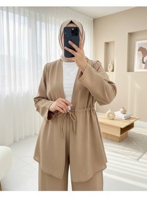 Modamorfo Taşlı Bol Paça Pantolonlu Tünel Bağcıklı Kimono Takım -Vizon