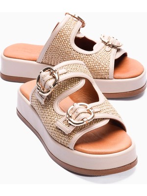 Mubiano Kadın Terlik Hasır Detaylı Çift Bantlı Tokalı Platform Taban Kalista Bej