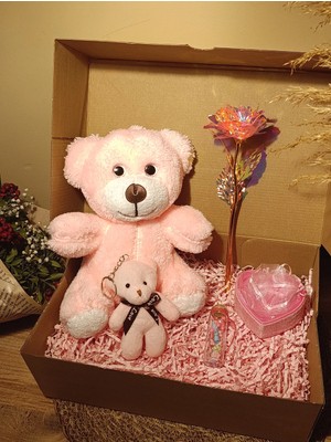 Paganca Pembe Ayıcık 25CM - Ayıcık Anahtarlık - Dilek Şişesi - Kalp Tüllü Kutu - Sonsuzluk Gülü Hediye Seti