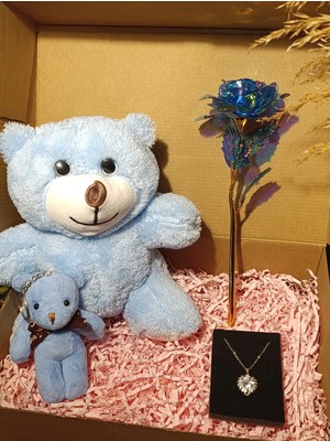 Paganca Mavi Ayıcık 25CM - Ayıcık Anahtarlık - Çelik Kalp Kolye - Sonsuzluk Gülü Hediye Seti