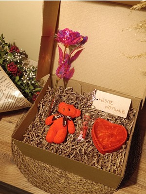 Paganca Kırmızı Ayıcık Anahtarlık - Kalpli Tüllü Kutu - Dilek Şişesi - Sonsuzluk Gülü Kutulu Hediye Seti