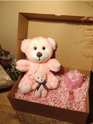 Paganca Pembe Ayıcık 25CM - Ayıcık Anahtarlık - Dilek Şişesi - Kalp Tüllü Kutu Hediye Seti