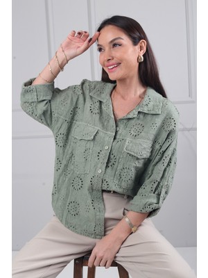 By Saygı Kadın Italyan Yonca Desen Kabartmalı Nakış Oversize Keten Gömlek