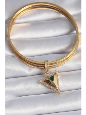 VeraGlobe Buğz Pirinç Gold Renk Zirkon Taşlı 3D Üçgen Model Ajda Charm - Buğz