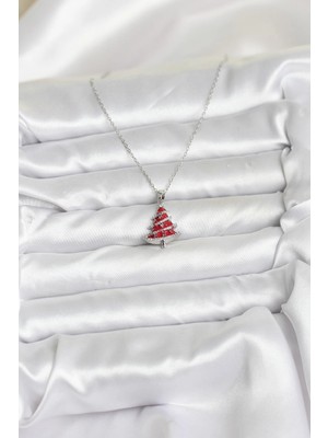 VeraGlobe Buğz 316L Çelik Zincir Gümüş Renk Kırmızı Çam Ağacı Model Yılbaşı Temalı Kadın Kolye - Buğz