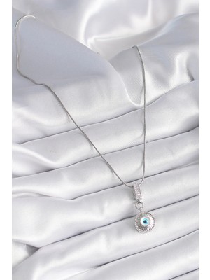 VeraGlobe Buğz 316L Çelik Gümüş Renk Zirkon Taşlı Nazar Boncuk Model Kadın Kolye - Buğz