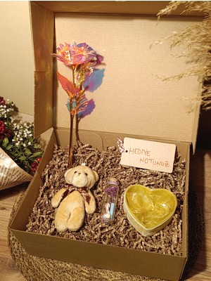 Paganca Kahverengi Ayıcık Anahtarlık - Kalpli Tüllü Kutu - Dilek Şişesi - Sonsuzluk Gülü Kutulu Hediye Seti