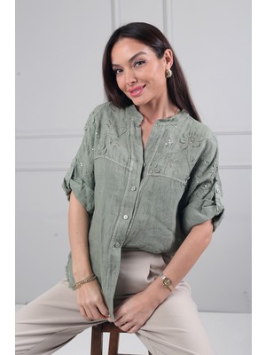 By Saygı Kadın Italyan Yıldız Çiçeği Kabartma Nakış Oversize Keten Gömlek