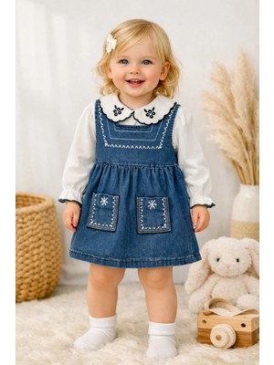 Dinamik çocuk Kız Bebek Nakışlı Işlemeli Kot Elbise+Beyaz Yakalı Badi Ince Uzun Kollu 2'li Takım (0-3-6-9-12AY) Bayramlık Şık Bebek Elbise