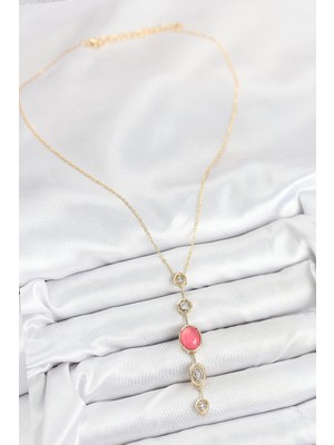 VeraGlobe Buğz Pirinç Zincir Pembe Gold Renk Zirkon Taşlı Y Kolye - Buğz