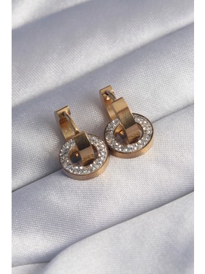 VeraGlobe Buğz 316L Çelik Gold Renk Zirkon Taşlı Iç Içe Geçmeli Oval Küpe - Buğz
