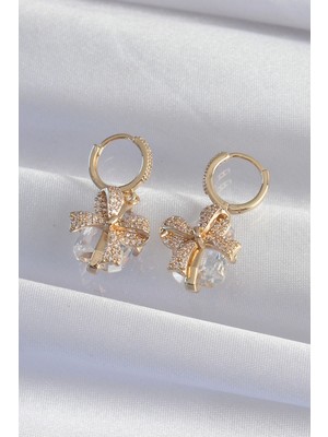 VeraGlobe Buğz Pirinç Gold Renk Iri Zirkon Taşlı Fiyonk Model Halka Küpe - Buğz