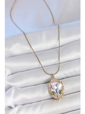 VeraGlobe Buğz 316L Çelik Gold Renk Mor Incili Çiçek Işlemeli Portre Model Kadın Kolye - Buğz