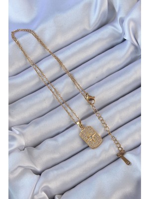 VeraGlobe Buğz 316L Çelik Zincir Altın Renk Zirkon Taşlı Kutup Yıldızlı Vintage Kolye - Buğz