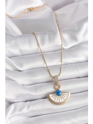 VeraGlobe Buğz 316L Çelik Gold Renk Zincir Zirkon Taş Detaylı Nazar Boncuk Göz Model Kadın Kolye - Buğz