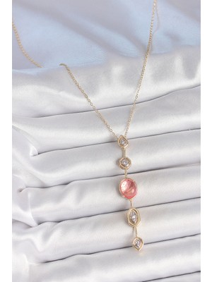 VeraGlobe Buğz Pirinç Zincir Pembe Gold Renk Zirkon Taşlı Y Kolye - Buğz