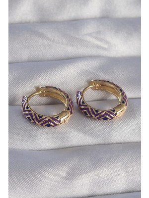 VeraGlobe Buğz Pirinç Gold Renk Mor Etnik Desenli Halka Küpe - Buğz