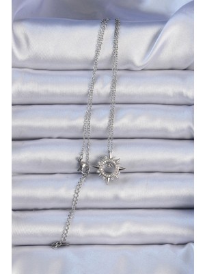 VeraGlobe Buğz 316L Çelik Zincir Gümüş Renk Zirkon Taşlı Parlayan Yıldız Kolye - Buğz