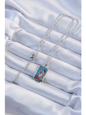 VeraGlobe Buğz 316L Çelik Zincir Gümüş Renk Taç ve Kız Figürlü Renkli Mineli Tarot Kolye - Buğz
