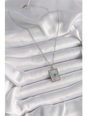 VeraGlobe Buğz 316L Çelik Gümüş Renk Zirkon Taşlı Göz Işleme Detaylı Plaka Model Kadın Kolye - Buğz