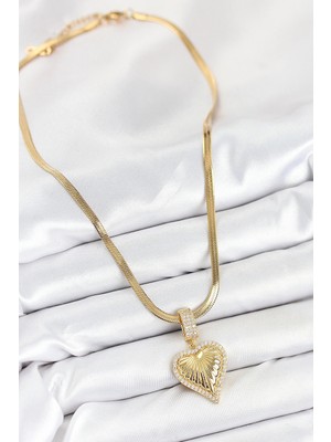 VeraGlobe Buğz 316L Çelik Zirkon Taşlı Kalp Model Gold Renk Kadın Kolye - Buğz