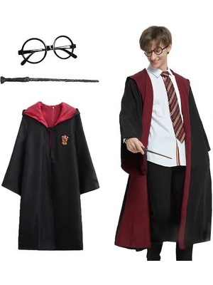 VeraGlobe Buğz Harry Potter Gryffindor Kapşonlu Çocuk Kostüm Seti 5-6 Yaş