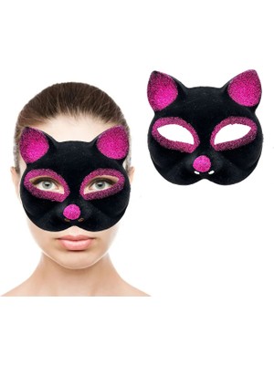 VeraGlobe Buğz Siyah Fuşya Simli Süet Kedi Maskesi
