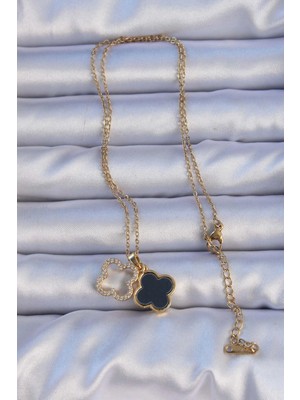 VeraGlobe Buğz 316L Çelik Gold Renk Siyah Mineli Zirkon Taşlı Yonca Figürlü Kolye - Buğz