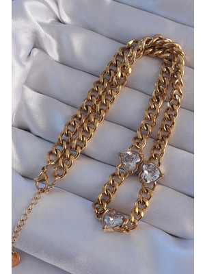 VeraGlobe Buğz 316L Çelik Gold Renk Zirkon Taşlı Kalp Model Zincir Kolye - Buğz
