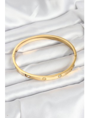VeraGlobe Buğz 316L Çelik Gold Renk Zirkon Taşlı 65 mm Kadın Kelepçe Bileklik - Buğz