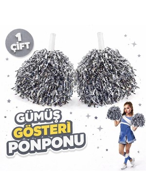 VeraGlobe Buğz 1 Çift Gümüş Renk Okul Gösteri Ponponları Ekstra Dolgun