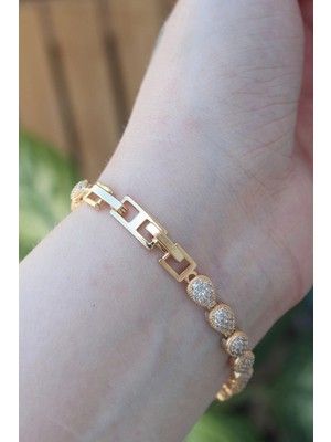 VeraGlobe Buğz Vip Seri Pirinç Zirkon Taşlı Gold Renk Damla Model Bileklik - Buğz