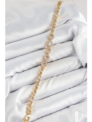 VeraGlobe Buğz Pirinç Zirkon Taşlı Oval Model Gold Renk Kadın Bileklik - Buğz