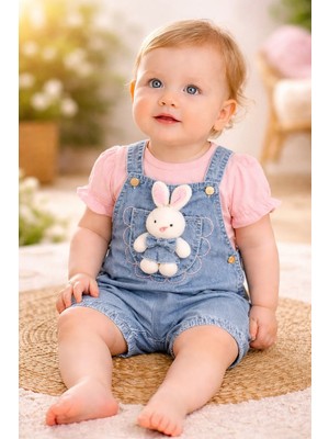 Almira Anne Bebek Kız Bebek Tavşan Detaylı Kısa Kollu Kot Tişört ve Bahçıvan Tulum