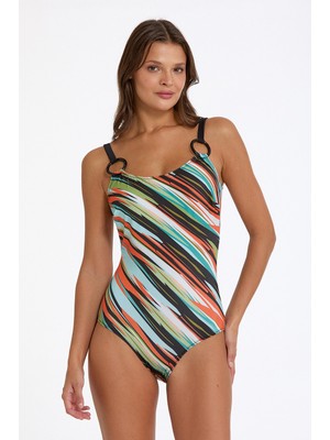 Argento Kadın Halka Detaylı Desenli Yuvarlak Yaka Sabit Ince Kaplı Ayarlanabilir Askılı Mayo