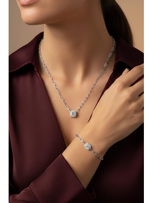 By Barun Zincir Gümüş Set Kolye Bileklik Baget Taşlı 925 Ayar