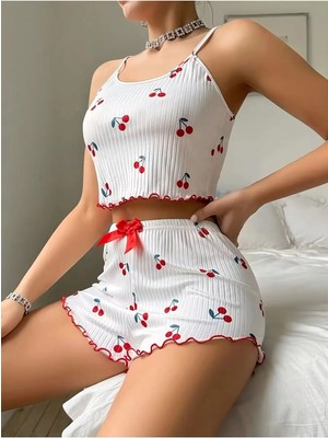 Nuitamore Beyaz Kiraz Desenli Crop Şortlu Kadın Pijama Takımı – Pamuklu Ribana –