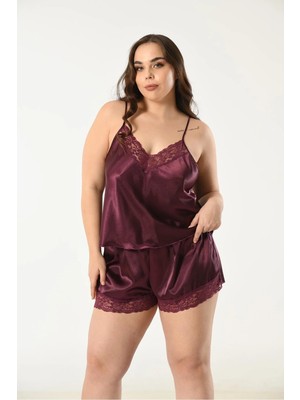 Nuitamore Mürdüm Dantelli Saten Büyük Beden Şort Takım – Büyüleyici ve Zarif