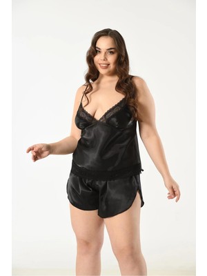 Nuitamore Siyah Saten Büyük Beden Şort Takım – Zamansız Şıklık ve Konfor