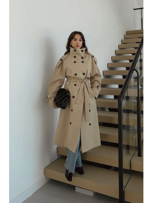 BRTC Design Kadın Camel Premium Önü Full Düğmeli Kuşaklı Dik Yaka Trençkot