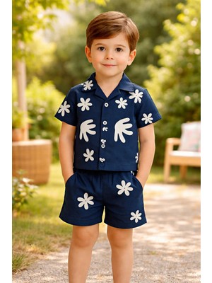 Almira Anne Bebek Erkek Çocuk Yaprak Desenli Kısa Kollu Müslin Takım Düğmeli Yaka