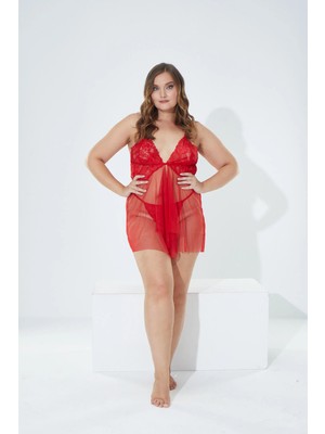 Nuitamore Kırmızı Tül ve Dantel Büyük Beden Gecelik