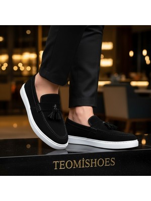 By Barretti Siyah Süet Püsküllü Beyaz Taban Loafer