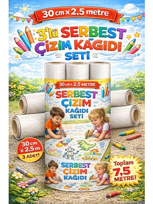Haydi Dekor🎨 3’lü Serbest Çizim Rulosu Seti ✏️ 30 cm x 2.5 Metre Dev Çizim Kağıdı | Toplam 7.5 Metre Boş Çizim Rulosu
