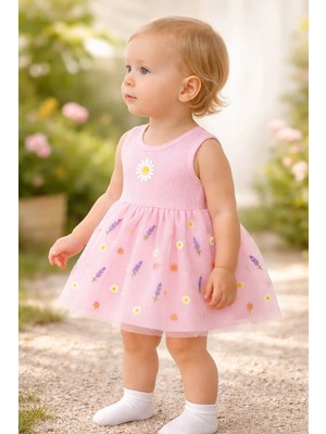 Almira Anne Bebek Kız Bebek Çiçek Nakışlı Tüllü Sıfır Kol Pembe Elbise