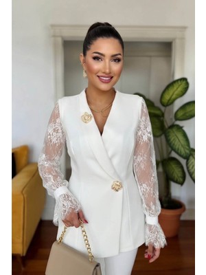 Zishan Fashion Güpür Kol Detaylı Kruvaze Blazer Ceket & Pantolon Takımı - Premium Krep Kumaş | 36055
