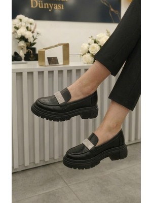papucumun dünyası Önü Taşlı Yüksek Taban Kadın Loafer