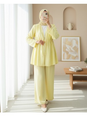 Modamorfo Taşlı Bol Paça Pantolonlu Tünel Bağcıklı Kimono Takım -Sarı