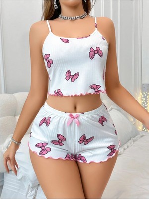 Nuitamore Beyaz Kelebek Desenli Crop Şortlu Kadın Pijama Takımı – Pamuklu Ribana –